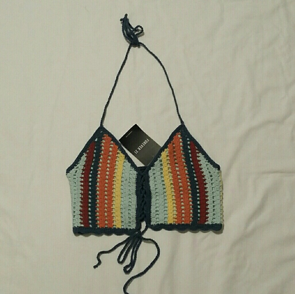 Forever 21 teal yellow orange crochet halter top